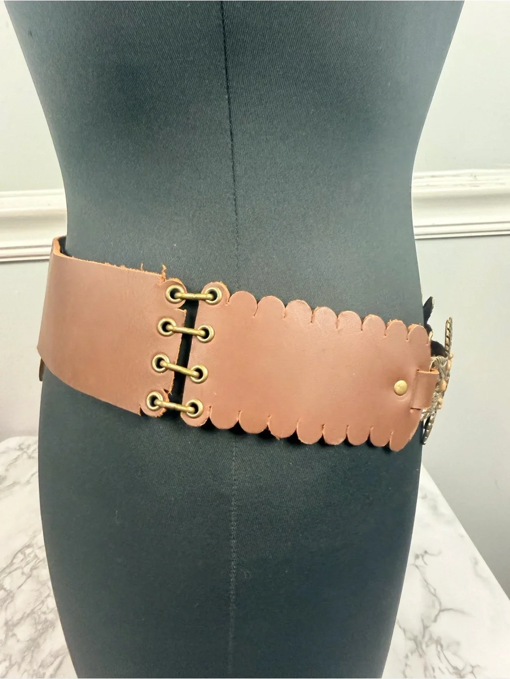 Vintage metal and leather brass shaped floral belt